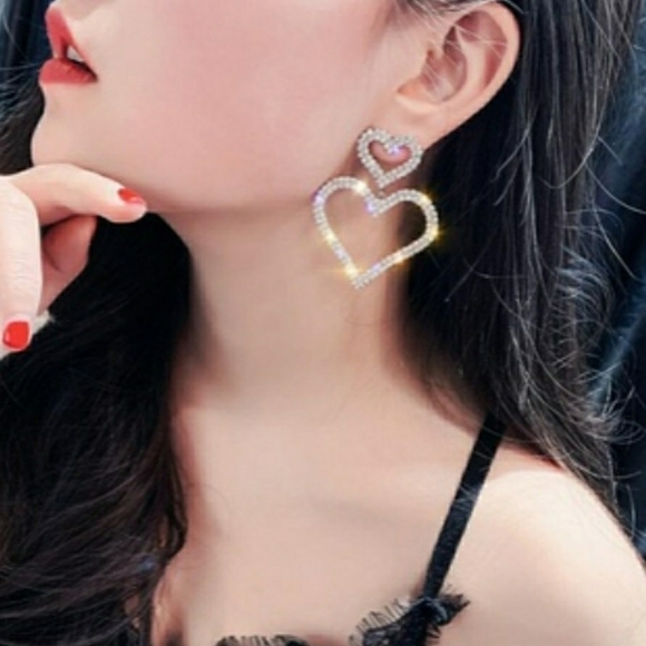 Silver Tone Double Heart Drop Earrings Pave Setting - Picture 6 of 14